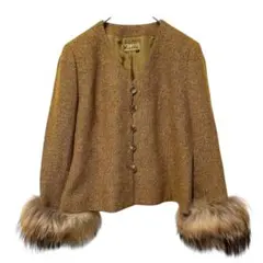 【一点物】Yukiko Hanai 絹混 ノーカラージャケット リアルファー