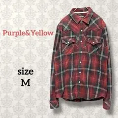 パープル&イエロー【M】コットンチェックフランネルシャツ スナップボタンアメカジ