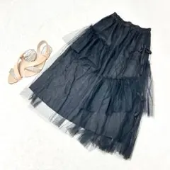 チュールスカート　ミモレ丈【Ｆ】アシンメトリー　ウエストゴム　ブラック　黒