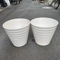 ホワイト円形プラスチック植木鉢2個セット