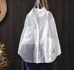 白シャツ レディース 春秋 刺繍り 長袖 ブラウス ボーダー柄 前開き 折襟