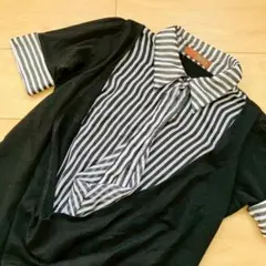 モア MOA ブラック ストライプ 襟付き 半袖シャツ オフィスカジュアル