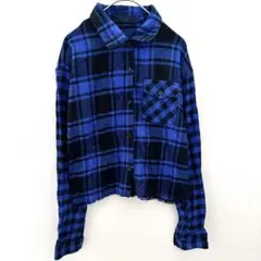 チェック柄 ネルシャツ シャツ クロップド 【S】 長袖 青 × 黒 レディース
