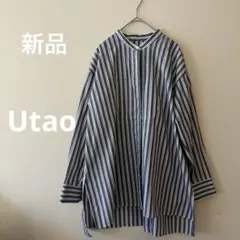 新品　ストライプ　バンドカラーシャツ 比翼　ゆったり　長袖　M ノーカラー