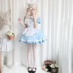 ゴスロリ ワンピース レース リボン ロリータ ホワイト ライトブルー S