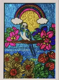 手書きイラストインコステンドグラスガラス絵の具アート開運絵画沖縄犬猫龍風景画