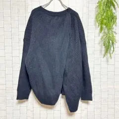 エルフランク 【F】長袖ニット セーター ネイビーラップ巻き 変形デザイン 古着
