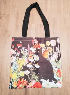 花と猫柄トートバッグ ブラック 黒猫 猫柄 猫雑貨 猫グッズ ねこ ネコ