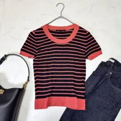 美品 ANAYI シルク混 ボーダー 半袖リブニット 配色デザイン