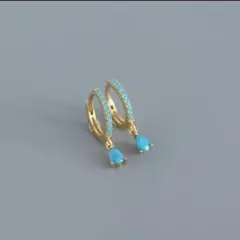 X259 ピアス レディース フープ トルコ石 ターコイズ ゴールド S925