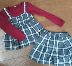 juo 赤い長袖ニットカットソーとチェック柄ショートパンツセットアップ 130