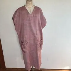 H*e様 着物リメイク　ピンク系 Vネック ワンピース ポケット付き