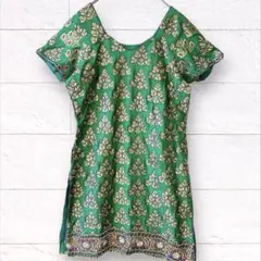 一点もの✨ 刺繍 ビーズ装飾 ミニワンピース グリーン 民族衣装風 半袖　古着