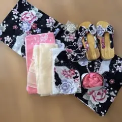 新品　浴衣9点セット　黒系　花柄　キラキラ　リボン　夏祭り　レディース