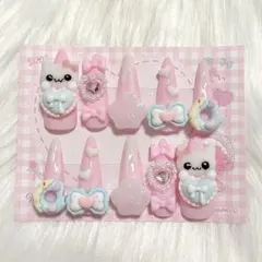 ネイルチップ 量産型 地雷系 平成女児 韓国 ワンホン ピンク 白 水色 リボン