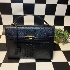 牛革 オーストリッチ クロコ型押し高級 ハンドバッグ 黒
