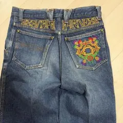刺繍デザイン ダークブルーデニムパンツ