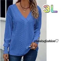 《新品 3Ｌ》長袖Vネック青色トップス/大きいサイズレディース