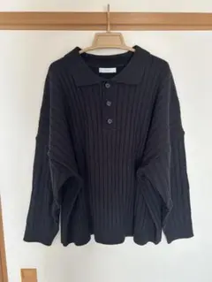 【完売美品】ASCLO Rib Collar Knitブラックリブ編みポロニット