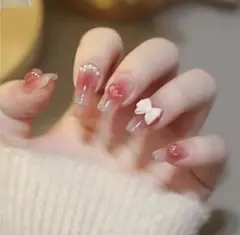 【24枚】ネイルチップ 韓国 ワンホン 量産 チーク グラデ パール リボン