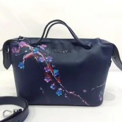【希少】バリー ハンドバッグ 2way ショルダー レザー 花柄 ネイビー