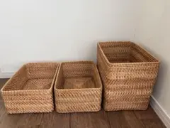 【無印良品】 重なるラタン長方形バスケット・3個セット 収納カゴのサムネイル