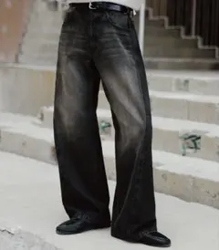 WYM VINTAGE WASHED CURVED DENIM ブラック系