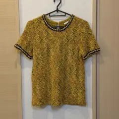 ZARA 半袖ニット ビジュー付き イエロー系 ツイード風 上品 ザラ 高見え