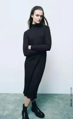 ZARAザラ リブロングカットソーワンピース ブラックＬ