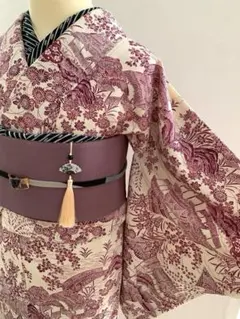 ❇︎濃赤紫色の景色文様 小紋 正絹袷 しつけ付き 半衿おまけ付き❇︎