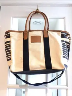 COACH/コーチ アイボリー ネイビー 大判トートバッグ 本革レザーハンドル