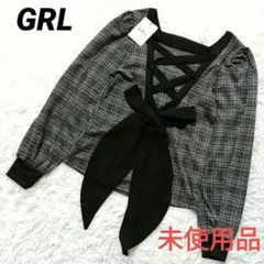 新品未使用　GRL バックリボンチェック柄カットソー　長袖トップス　黒グレー　M
