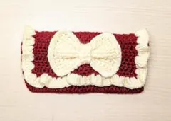 ペンケース　#8　ポーチ　ボルドー×アイボリー　編み物　ハンドメイド　リボン