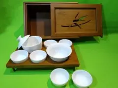 未使用　野点　台湾茶器セット 竹匠 竹製ケース 磁器 8具 持ち運び
