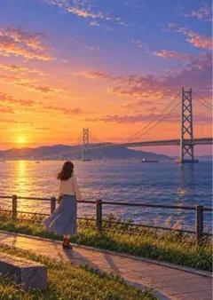 【イラスト】夕暮れの明石海峡大橋 アートポスター
