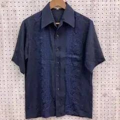 ビンテージOxford半袖キューバシャツ パナマシャツ ネイビー ペイズリー刺繍のサムネイル