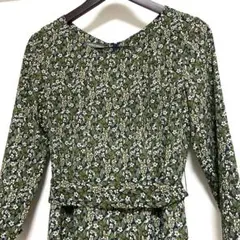 【美品】ローラアシュレイ 小花柄 ワンピース 七分袖 ウエストリボン グリーン