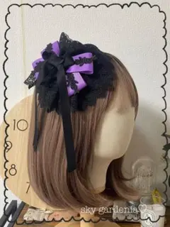 ♡ブラックダブル總レース紫グログラン黒薔薇 円形ヘッドドレス ロリータゴスロリ♡
