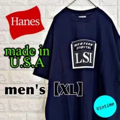 y584 USA製【Hanes】プリントTシャツ【メンズXL】ネイビー