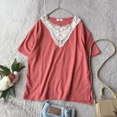 Tシャツ(M)半袖/レース/綿/コットン/クルーネック/ミセス/オレンジ