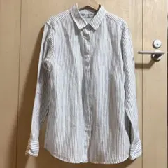 無印良品　リネン　洗いざらし　レギュラーカラー長袖シャツ　Ｍ　オフ白ストライプ