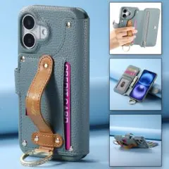 ブルー　iPhone16用ケース 手帳型 小物入れ RFID磁気防止　多機能