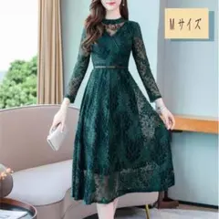 ひざ丈ワンピースドレス Мサイズ　グリーンレース お呼ばれ