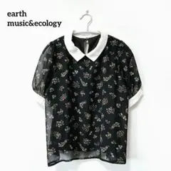 アースミュージック&エコロジー【F】花柄ブラウス 襟付き 透け感 ブラック 半袖