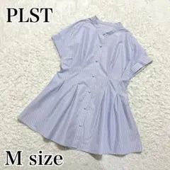 美品✨PLST パールボタンペプラムブラウス　ストライプ　青　半袖　シャツ　 Mのサムネイル