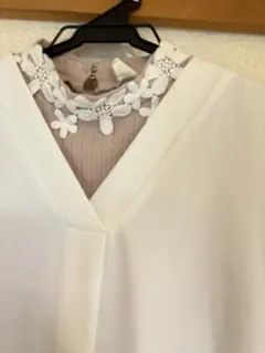 フラワーレース装飾のVネック長袖ブラウス