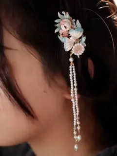 中華風 パール簪 花と蝶 髪飾り卒業式成人式 漢服 旗袍 2点セット