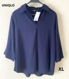 신품・태그 첨부 유니클로 레이온 스키퍼 블라우스 7분 소매 네이비 XL