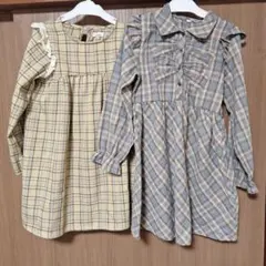 ベージュ系チェック フリル付きワンピース　140