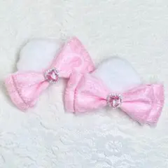 ねこみみリボンヘアクリップ ハンドメイド ライトピンク